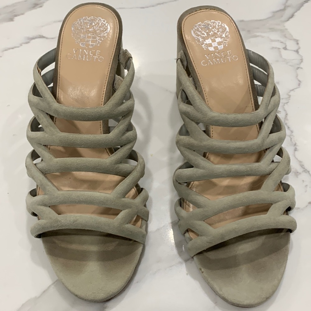 Vince Camuto Olive Green Strappy Suede Mules